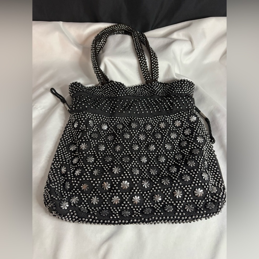 Black metallic beaded, drawstring purse/bag - Picture 2 of 5